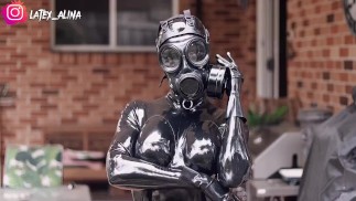 Black Latex Catsuit Gas Mask Enclosure 