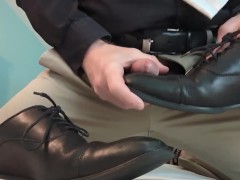 Khaki pants leather shoe play cumshot