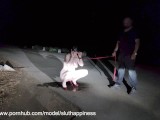 Manhandled Slut wife pissing like a dog on leash