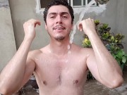 Preview 2 of Handsome sexy man yard bathes for everyone to see