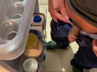 Refreshing Asian cock in front of fridge with a hot handjob