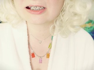 ASMR mukbang in braces - chewing and swallowing jelly teddybears - giantess vore mouthtour