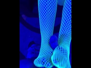 Black Light Pantyhose Footjob, Masturbation, and Fuck in Neon Fishnets