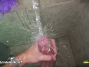 Preview 5 of No hands water masturbation. Letting the stream of water fall on my big uncut cock until I cum