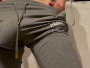 Preview 5 of Huge cock bulge in gym pants. Masturbation with anal Play and cumshot