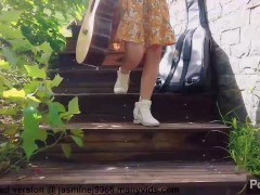 Video Shaved Asian Pussy with Big Clit Masturbates at the Outdoor Steps and Gets Creamy Squirt