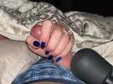 Teasing and edging him with a sensual handjob to completion. Bright blue fingernails on cock