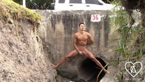 Daring Young Man Undresses In a CULVERT Under The Road And Masturbates Tasty With His Legs Spread.