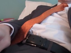 Gray suit orange tie masturbation cumshot businessman 