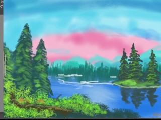 描くことを学ぶ!山の湖にピンクの空を描く!