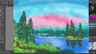 描くことを学ぶ!山の湖にピンクの空を描く!