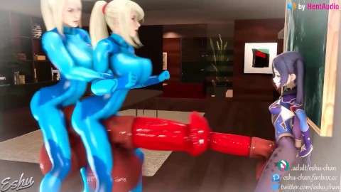 Futa Samus clones encaixando vs futanari Mona (Genshin Impact e Metroid loop de animação 3d com som)