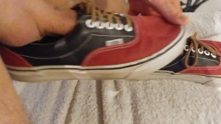 Girlfriend is away, so i fuck her red Vans shoes and bust a nut on them