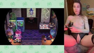 cute bunny gamer girl (me) playing animal crossing and showing off her innie pussy