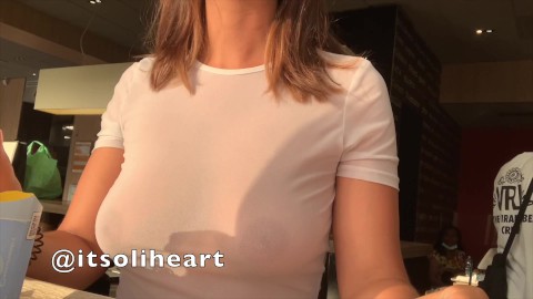 Hot girl wears a sheer top at Mcdonald's