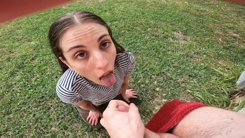 Brunette CumSlut Sucks Cock in Backyard; Throats Until Taking Load in Mouth and Swallows!