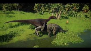 Tレックス対ギガ対スピノvs Therizinosaurus - ジュラシック世界進化