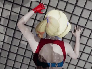 Harley Quinn is fucked in doggy style until cumming on her back next to the W.C by a fat man
