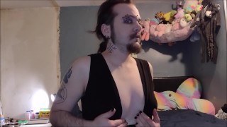 FTM Playing in Blue Dress & Boots -SISSY MASTURBATION MAN PUSSY HAIRY THONG