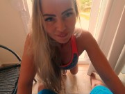 Preview 2 of Morning sport fuck with sexy pussy Girl intensively jumps on the cock POV JessiJek