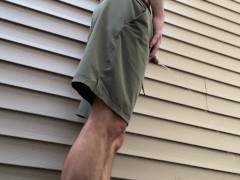 Public run pissing outside nature behind MILF mom neighbors house SHE WAS HOME moaning spotted