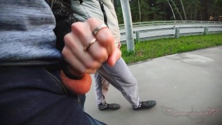 Walking with his cock on the road in my hand