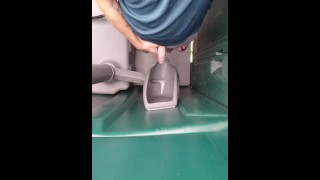 Peeing in a port-a-potty urinal, pissing with a small penis