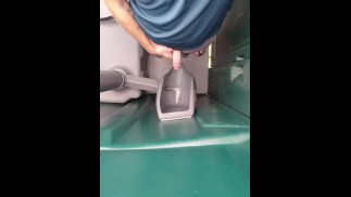 Peeing in a port-a-potty urinal, pissing with a small penis