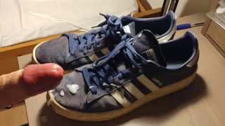 My gf's hot best friend stayed over, so i consecrated her blue Adidas sneakers