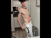 Preview 3 of College student stroking horse cock in school gym bathroom