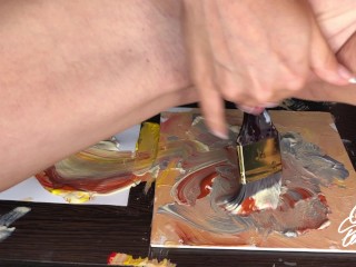 Pussy Painter. Painting art with brush inside wet pussy until shaking orgasm