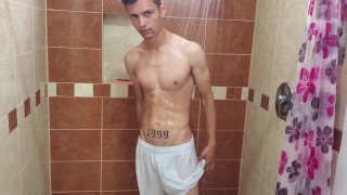 In The Shower A Hot Guy Jerks Off His Uncut Cock And Cums Sweetly