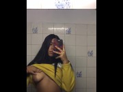 Preview 2 of Flashing my tits in the public bathroom on camera - mirror selfie cellphone video girl natural boobs