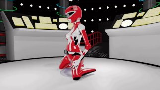 Weibliches Red Ranger Cowgirl reitet Schleimschwanz
