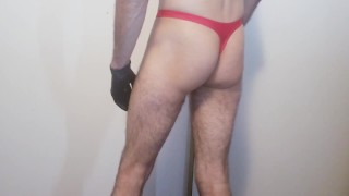 Trying on thong underwear 