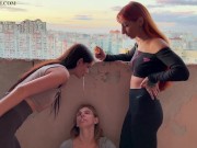 Preview 6 of Mistresses Agma And Sofi Spit On Slave-Girl On A Public Balcony - Lezdom Spitting