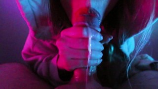 POV - Wet blowjob with cumshot from cyberpunk babe in hoodie