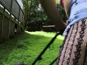 Preview 5 of Big fake tits halter top Daisy Dukes wearing crossdresser cutting the grass