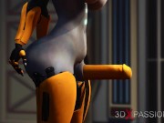 Preview 1 of Futa sex robot plays with a female alien in the sci-fi lab