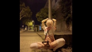 Exposed Transvestite On The Street Bound With A Vibrator And Handcuffed To A Street Lamp