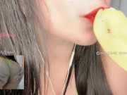 Preview 1 of ASMR intense porn sexy big boobs brunette licking and sucking a banana blowjob