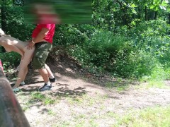 Old sexy hitchhiker whore from street fucked in forest with and then without a condom