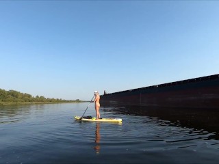 Nude Girl Swam on sup Board