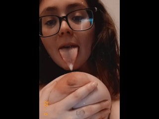 Pregnant MILF Sucks on her Big Juicy Titties