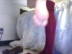 Red Thigh High Socks with Gold Flats Frieda Ann Foot Fetish