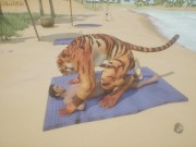 Preview 1 of Big Tiger Furry Fucks Twink Guy on the Beach