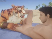 Preview 2 of Big Tiger Furry Fucks Twink Guy on the Beach