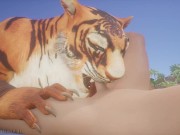Preview 4 of Big Tiger Furry Fucks Twink Guy on the Beach