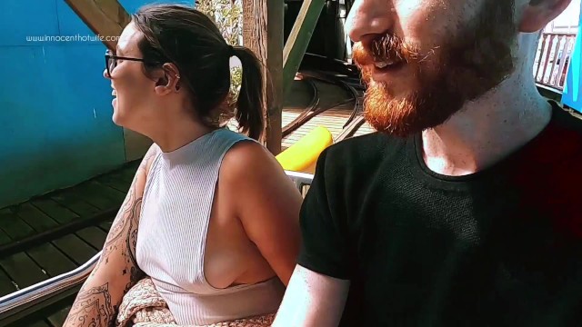 Riding rollercoaster at funfair nip slip, accidental public flash. Tit nipple slip