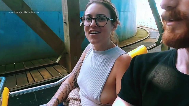 Riding rollercoaster at funfair nip slip, accidental public flash. Tit nipple slip